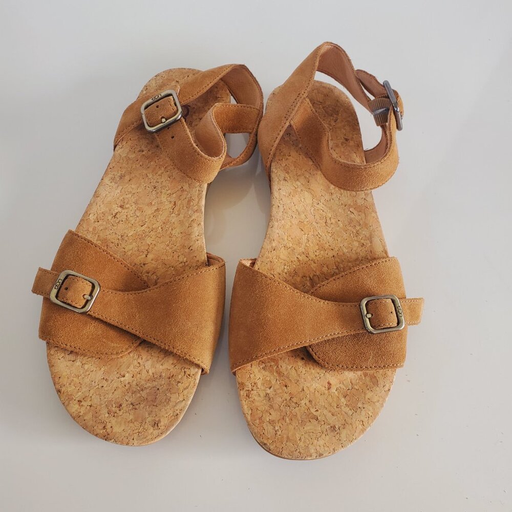 UGG Mae Chestnut Suede Double Buckle Slingback Flat Sandals Size 9.5